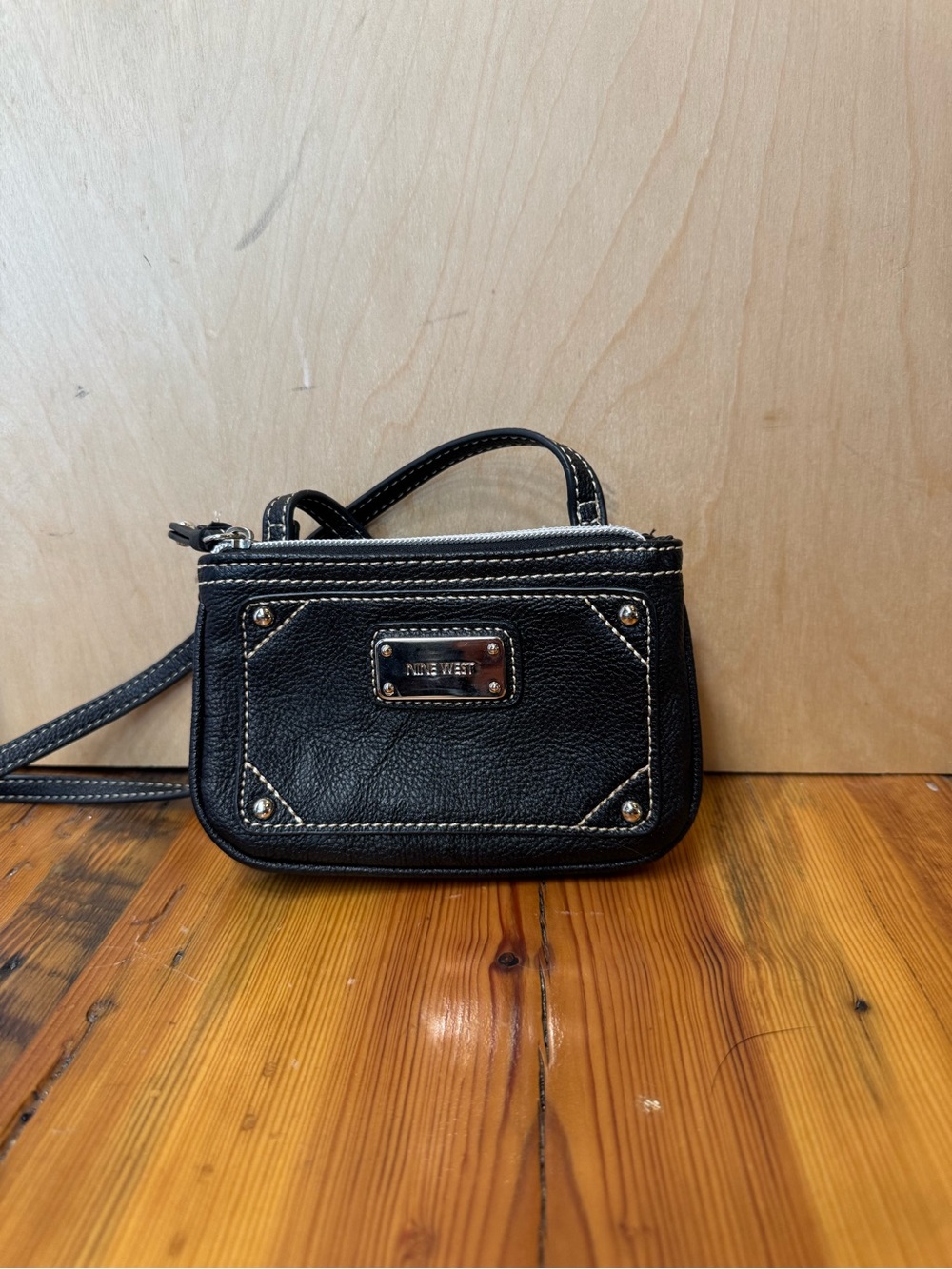 Nine West Black Faux Leather Crossbody with Metal Plaque